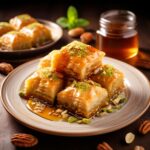 Golden baklava squares drizzled with honey and sprinkled with crushed nuts.