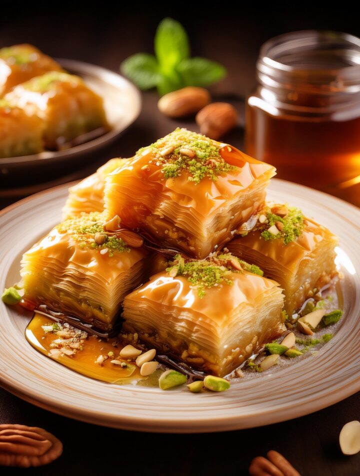 Golden baklava squares drizzled with honey and sprinkled with crushed nuts.