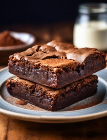 A freshly baked batch of fudgy brownies with a crackly top.