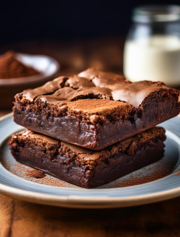 A freshly baked batch of fudgy brownies with a crackly top.