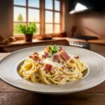 A creamy carbonara pasta dish topped with crispy pancetta and Parmesan cheese.