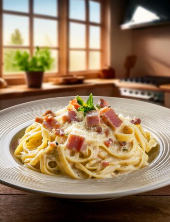 A creamy carbonara pasta dish topped with crispy pancetta and Parmesan cheese.