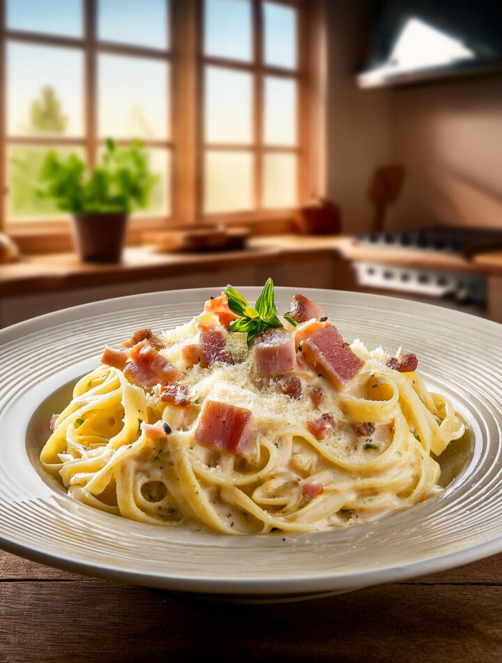 A creamy carbonara pasta dish topped with crispy pancetta and Parmesan cheese.