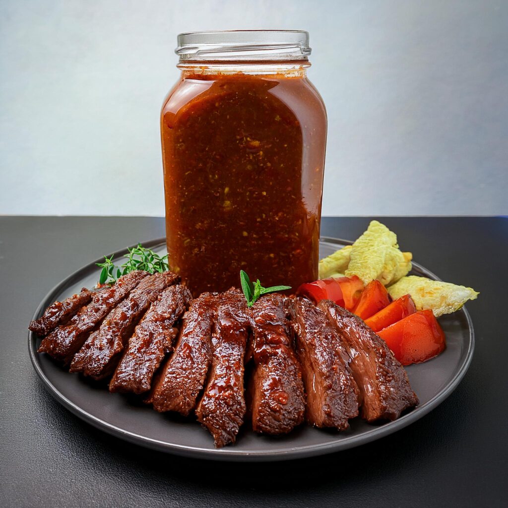  Carnivore BBQ sauce in a jar, surrounded by grilled meats, with a smoky and tangy texture