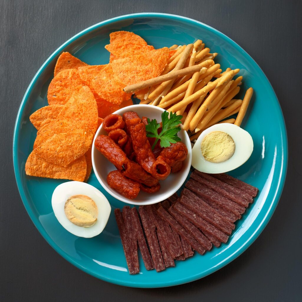 An assortment of carnivore diet snacks, including beef jerky, cheese crisps, and hard-boiled eggs.