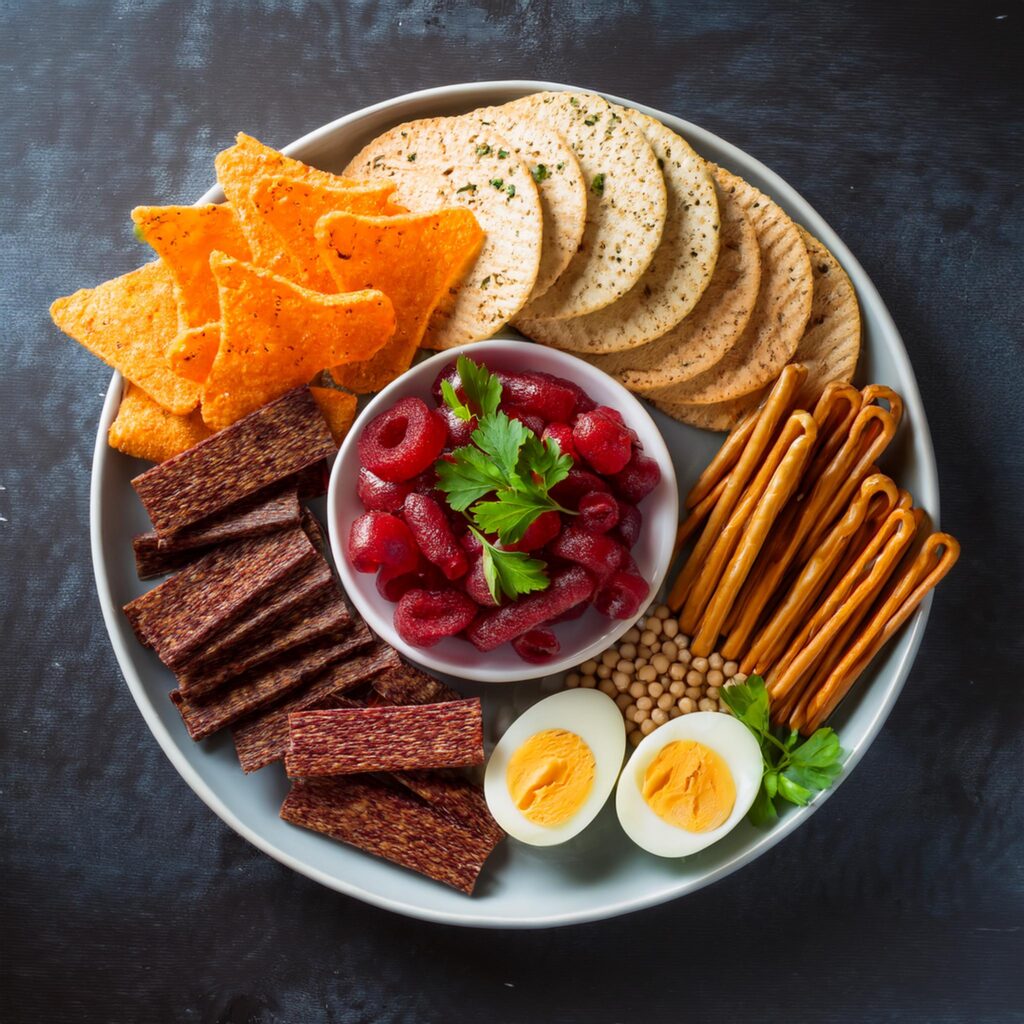 An assortment of carnivore diet snacks, including beef jerky, cheese crisps, and hard-boiled eggs.