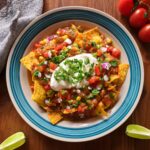 A plate of chilaquiles topped with crumbled cheese, fresh cilantro, and a fried egg.