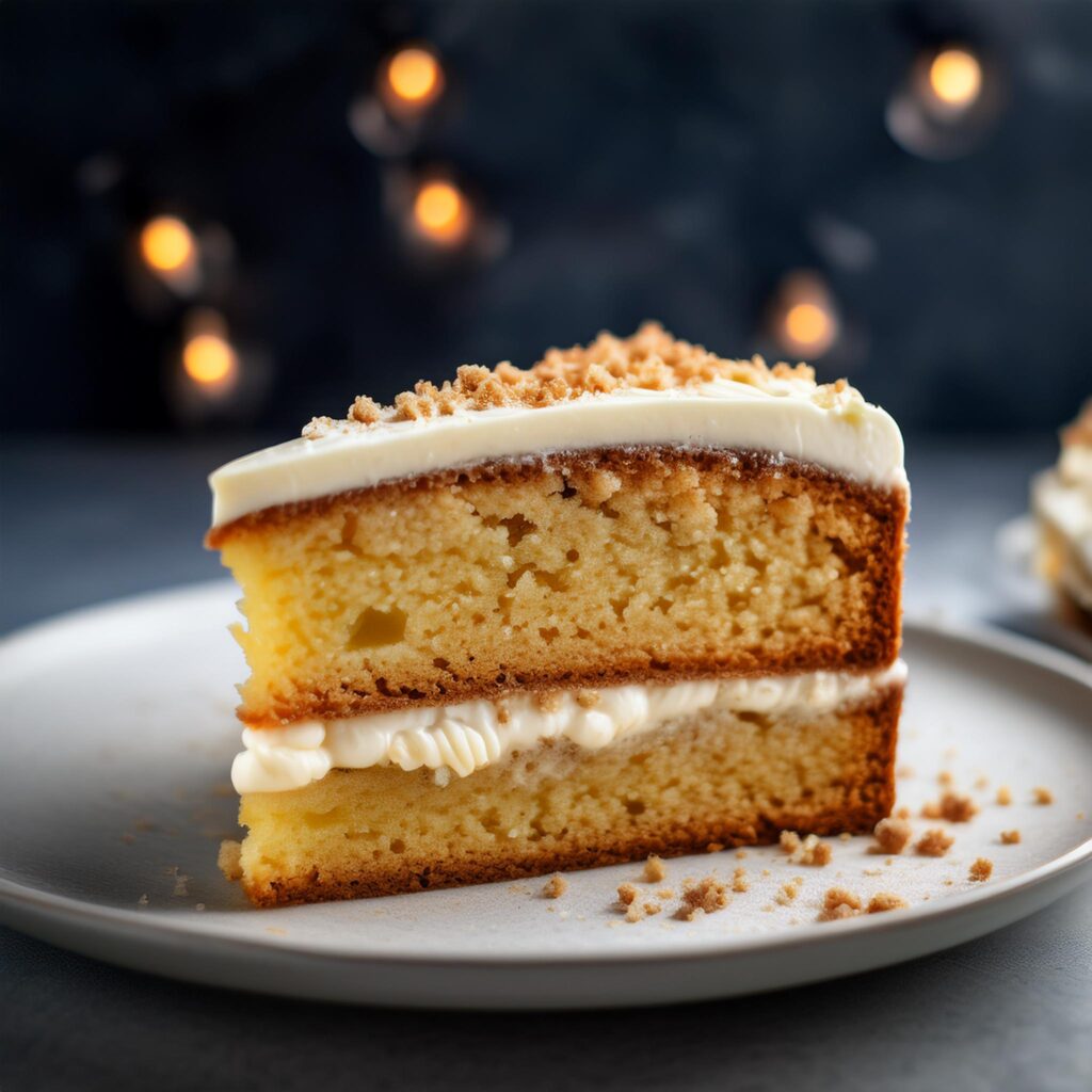 A glazed crack cake sliced to show its moist texture and golden crust