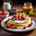 A stack of classic French crepes with fresh berries and powdered sugar.