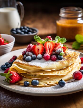 A stack of classic French crepes with fresh berries and powdered sugar.