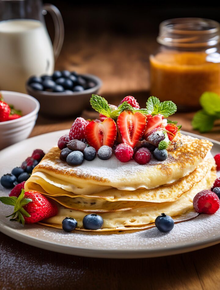 A stack of classic French crepes with fresh berries and powdered sugar.