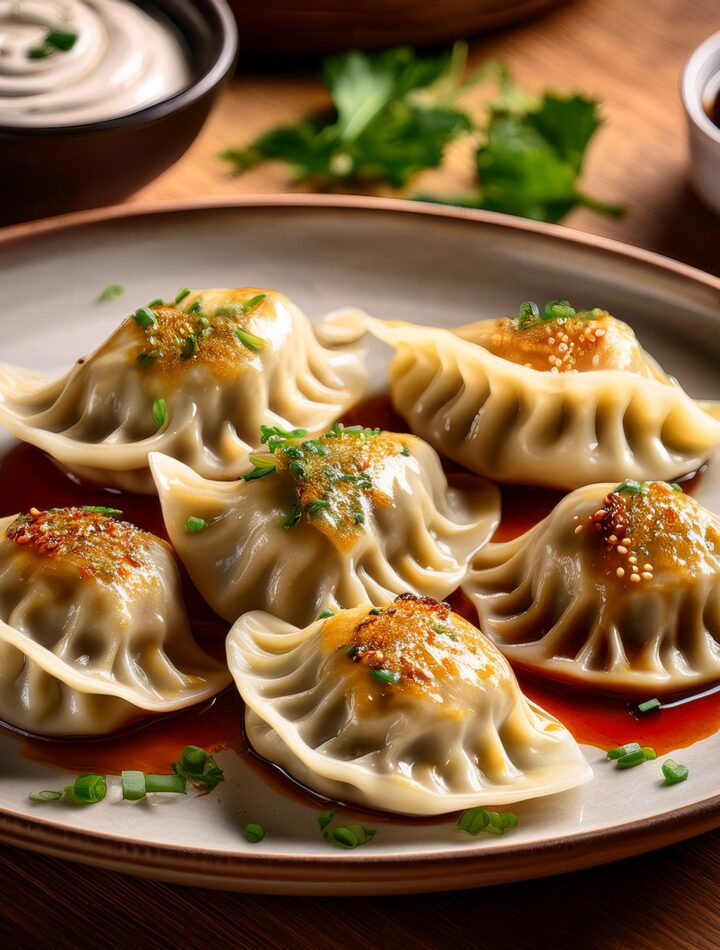 Freshly made dumplings with a golden, crispy bottom served with dipping sauce.