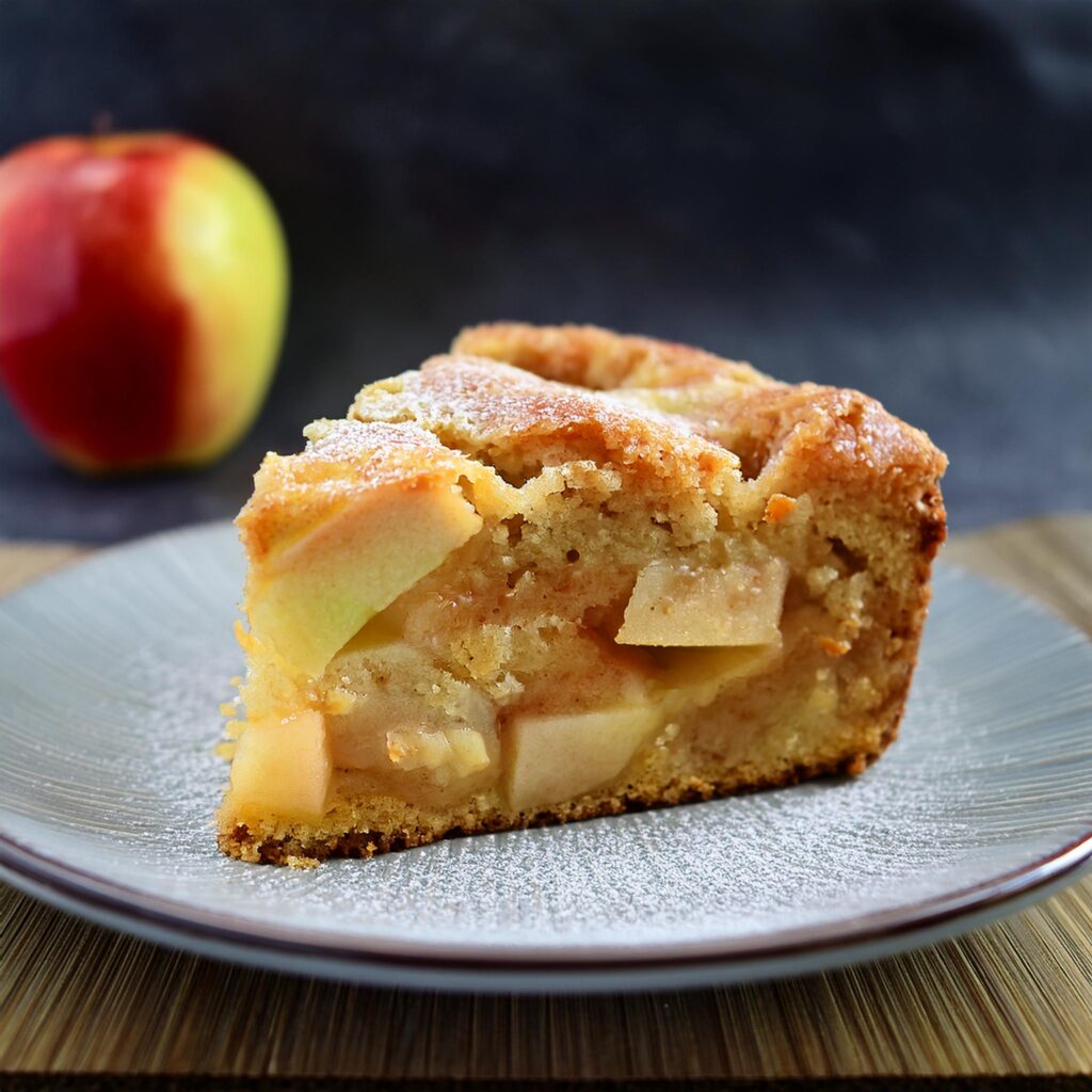 A slice of fresh apple cake with golden crust and apple chunks, topped with a drizzle of glaze