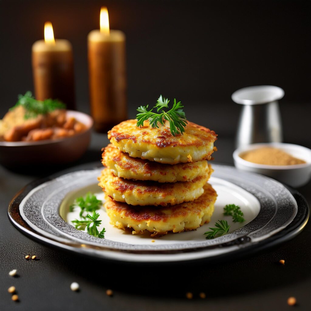 Crispy and golden hoe cakes stacked on a plate with butter and syrup