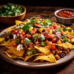 A platter of loaded nachos topped with melted cheese, jalapeños, sour cream, and fresh cilantro.