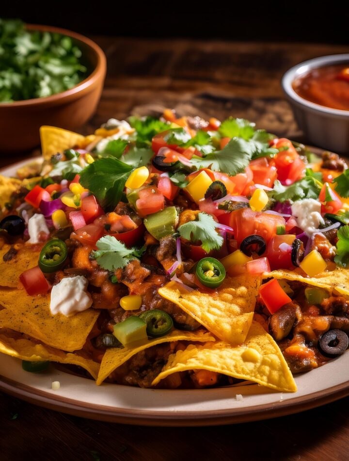 A platter of loaded nachos topped with melted cheese, jalapeños, sour cream, and fresh cilantro.