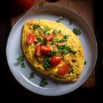 Fluffy omelette filled with cheese, mushrooms, and fresh herbs served on a plate