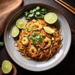 A plate of authentic Pad Thai garnished with lime, peanuts, and cilantro.