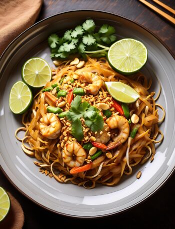 A plate of authentic Pad Thai garnished with lime, peanuts, and cilantro.