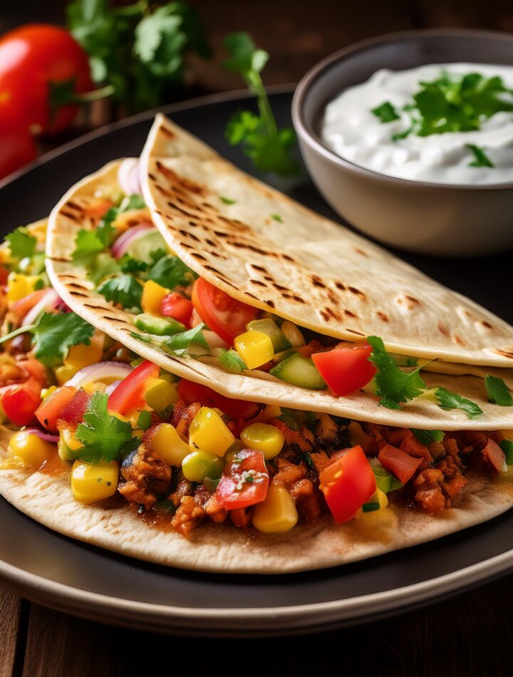 Golden crispy quesadillas filled with melted cheese and vegetables, served with salsa and sour cream.