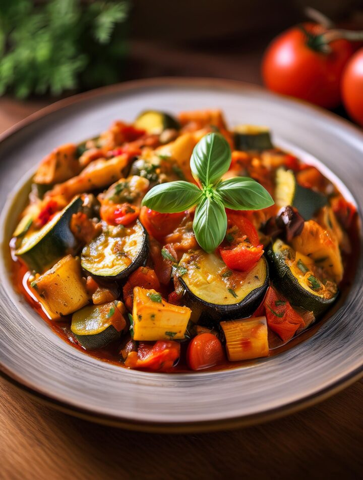 Traditional ratatouille made with colorful vegetables.