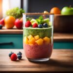 A colorful smoothie made with fresh fruits and greens in a glass