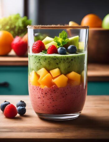 A colorful smoothie made with fresh fruits and greens in a glass