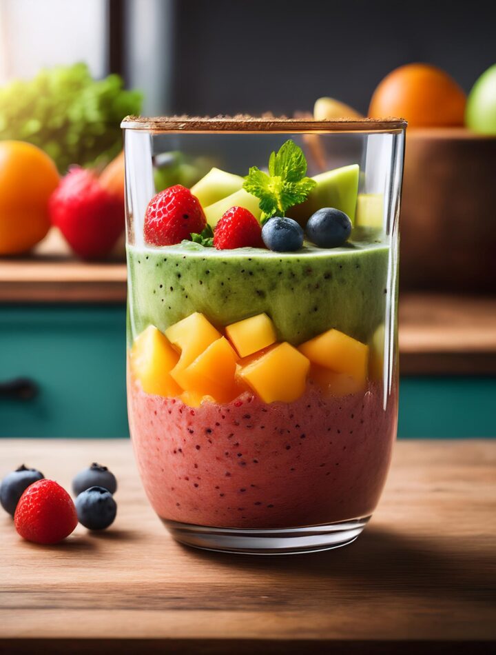 A colorful smoothie made with fresh fruits and greens in a glass