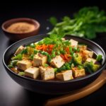 Crispy tofu cubes garnished with sesame seeds and green onions.