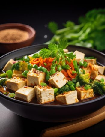 Crispy tofu cubes garnished with sesame seeds and green onions.