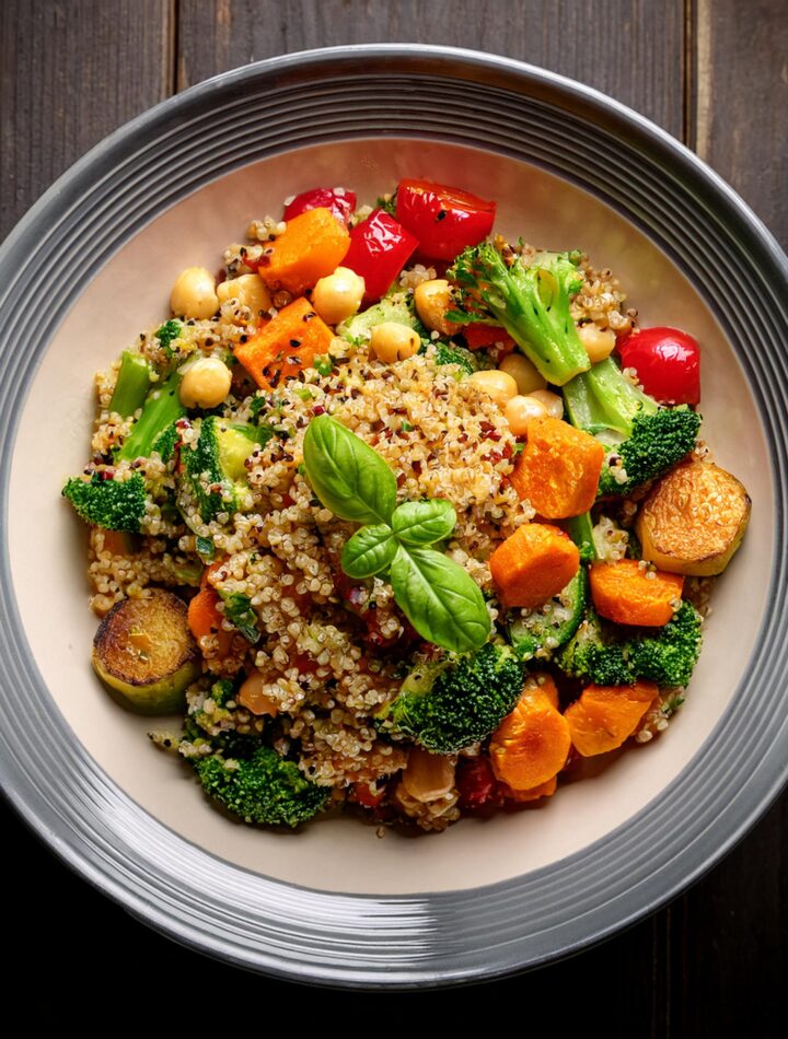 A vibrant vegetarian platter featuring roasted vegetables, quinoa, and fresh herbs.