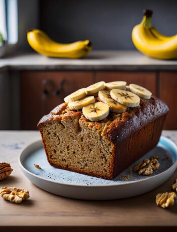 Freshly baked banana bread loaf with walnuts.