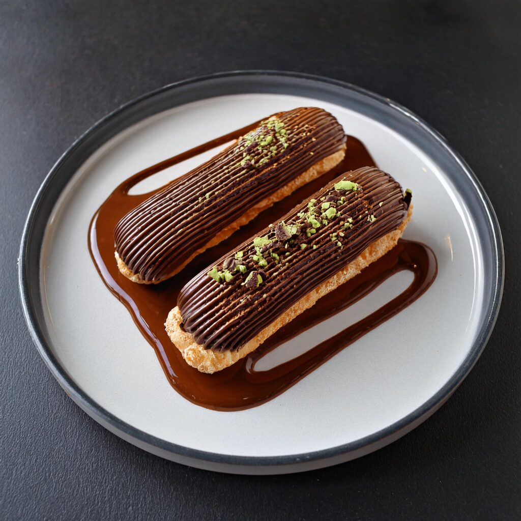 A no-bake chocolate eclair cake layered with graham crackers and topped with a glossy chocolate glaze