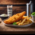 Crispy battered fish served with golden chips and tartar sauce.