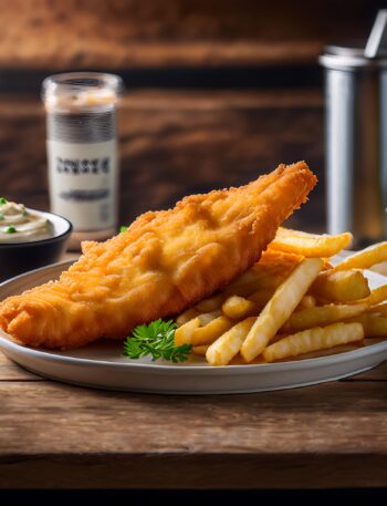 Crispy battered fish served with golden chips and tartar sauce.