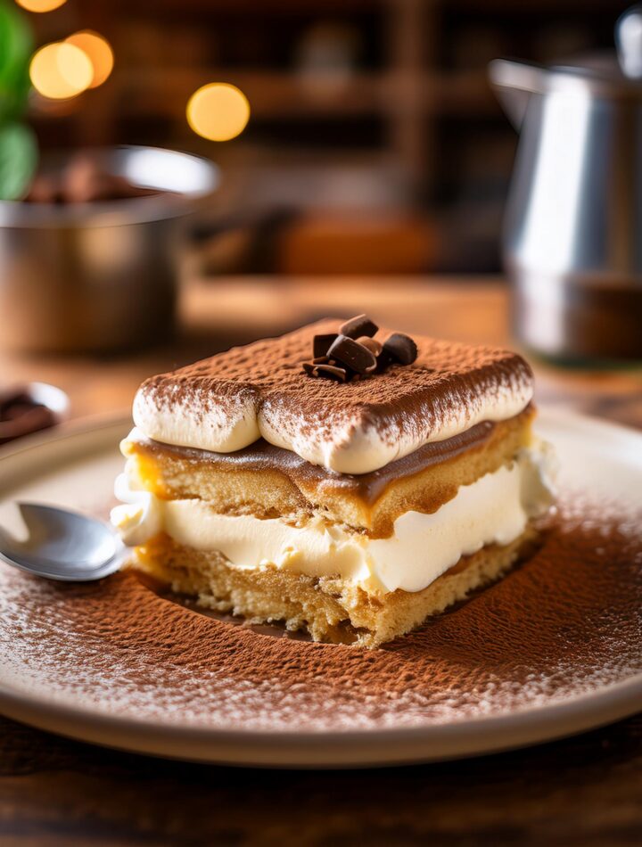 Classic tiramisu recipe with mascarpone and cocoa topping.