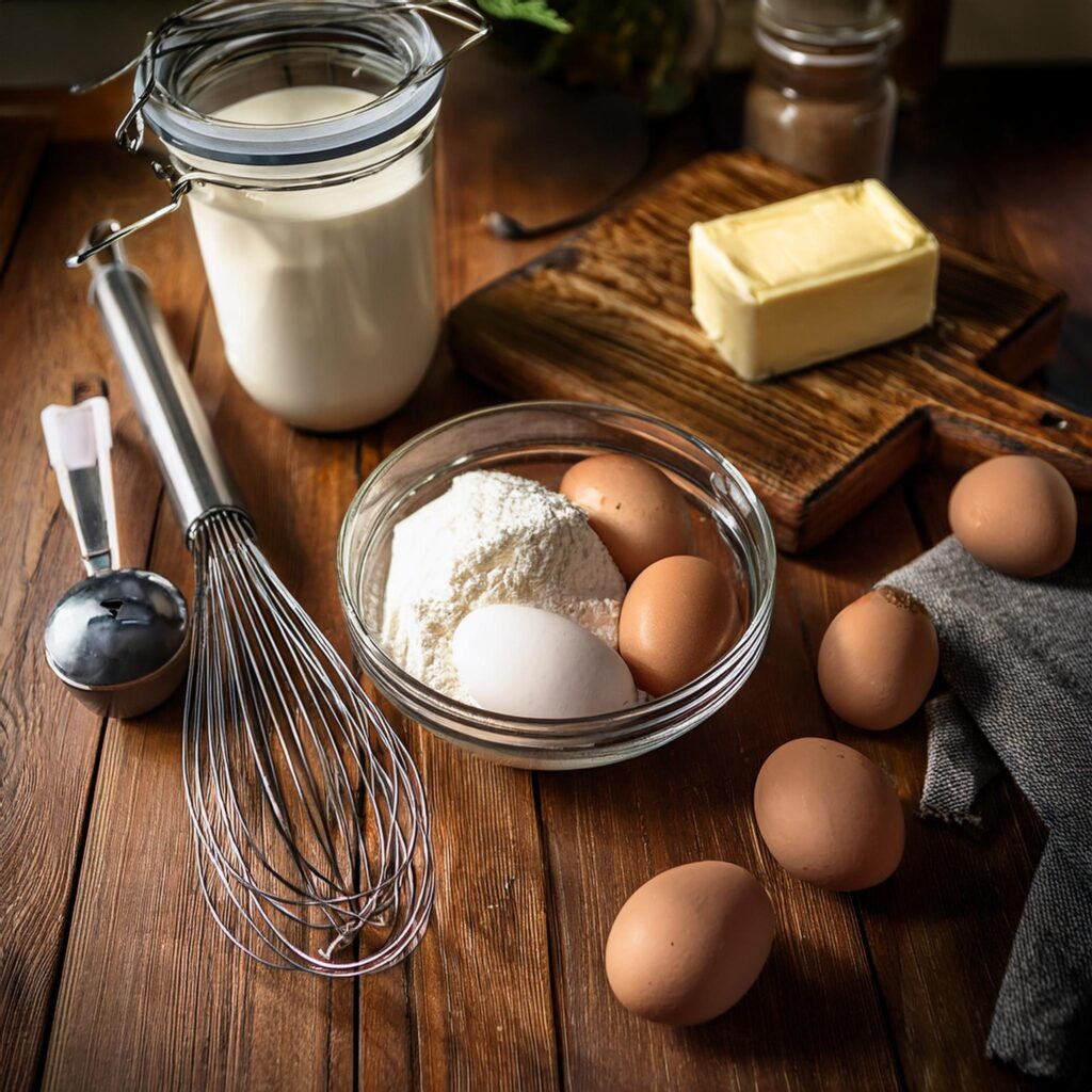 Heavy cream, butter, and eggs on a kitchen counter