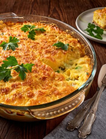 Baked egg casserole with crispy crackers in a dish