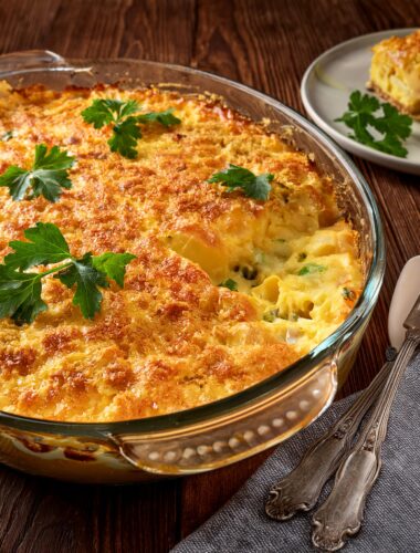 Baked egg casserole with crispy crackers in a dish