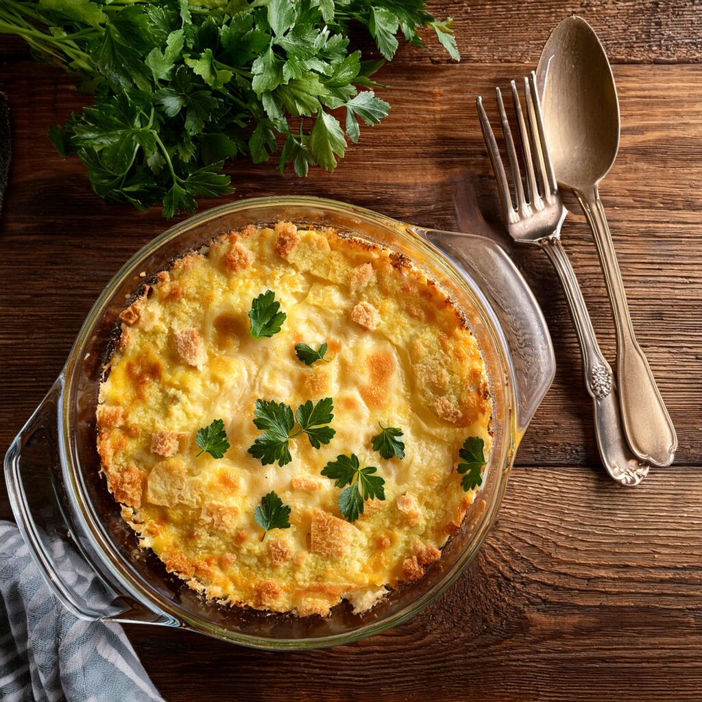 Baked egg casserole being served from dish